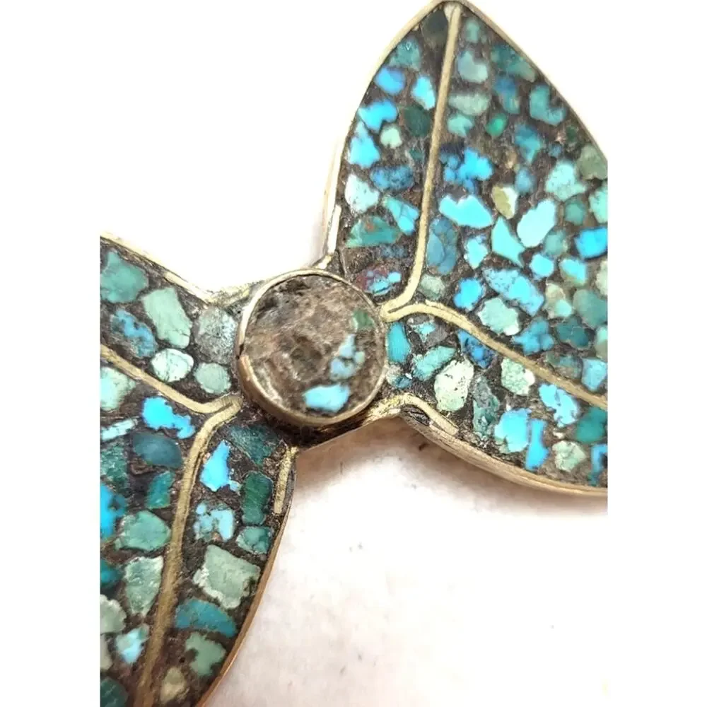 Vintage Mid Century N. India Turquoise Mosaic Chip Inlay Bow Brooch Southwestern